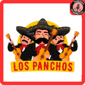 Illustration of three characters wearing Mexican mariachi outfits, with large sombreros and holding guitars. The group is named "Los Panchos- Goochland $10 Gift Certificate," indicated by the yellow and red text below them. An additional logo is in the top right corner that says "Roma Tour Shopping Chía.