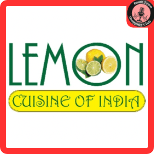 Logo of Lemon Cuisine of India, featuring the word 'LEMON' in green, with lemons as the 'O', and 'Cuisine of India' in a yellow banner below. A round logo of Lemon-Richmond $10 gift card for anything in restaurant is in the top right corner with a pink and black design.
