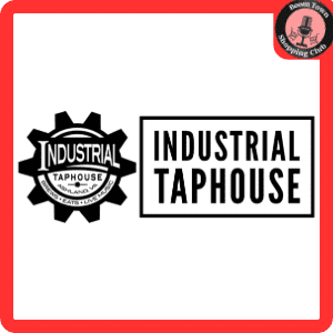 A logo for "Industrial Taphouse - Ashland $15 Gift Certificate" with the words presented in a gear shape on the left and in bold, capital letters within a rectangle on the right. Upper right corner features a circular "Round Town Shopping Guide" label with a top hat icon.