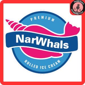 A circular logo for "Narwhals- Richmond $5 Gift Certificate" features a stylized pink narwhal with a spiral horn. The background is blue with white text. The logo is framed by a red border, which includes a small black emblem with a microphone in the top right corner.