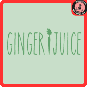 A mint green square features the words "Ginger Juice Co. $5 Gift Certificate" with a carrot serving as the "I" in "JUICE," written in light green. The design is bordered by a red frame and includes a small black and red circular logo in the top right corner.