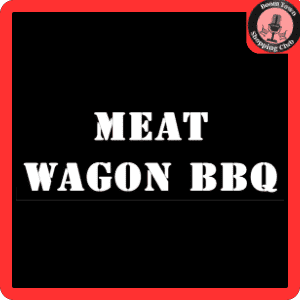 A black square with a bold white text in the center that reads "Meat Wagon BBQ - Richmond $10 Gift Certificate." The border of the square is red, and there is a small circular logo in the top right corner that reads "Round Town Shopping Club" with an illustration of a chef's hat.