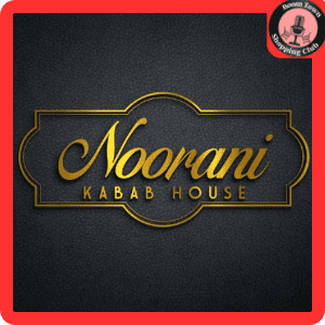 A logo for Noorani Kabab House- Richmond $10 Gift Certificate. The text is written in gold, with "Noorani" in a script font and "Kabab House" in capital letters beneath it. The background is dark grey with a textured pattern, and a red border outlines the image. A small circular logo is in the top right corner.