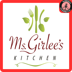 Logo for Ms. Girlee's Kitchen $15 Gift Certificate with green cutlery (fork, knife, spoon) and leaves forming a plant. The text "Ms. Girlee's KITCHEN" is written below in elegant red and black fonts. The logo is bordered by a red frame and includes a smaller logo for "Roxon Town Shopping Ctr" in the top-right corner.