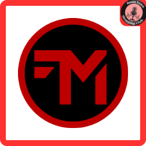 A black circle with red letters "FM" inside is centered against a white background with a red border. In the top right corner, there is a small circular logo with text and an image of a microphone, partially obscured. The entire design represents the Funktastic Meads $16 gift certificate.