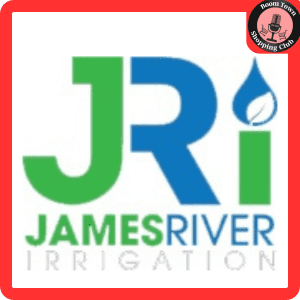 Logo of James River Irrigation featuring large, stylized green "J" and blue "R" letters, with the "I" resembling a water droplet above it. Below the initials, text reads "JAMES RIVER IRRIGATION." The logo has a red border with a "James River Irrigation $230 gift certificate" badge in the top-right corner.