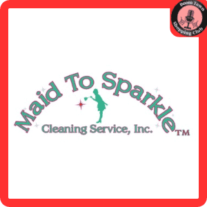 The logo for the "Maid to Sparkle $100 gift certificate" features the company name in pink and green cursive text. A silhouette of a maid holding a feather duster is in the center, with sparkling stars around her. The logo is framed by a red border and includes a small emblem.